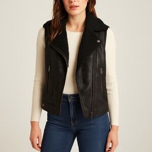 Black Shimmer Faux Suede Sherpa Vest Women’s Size Large